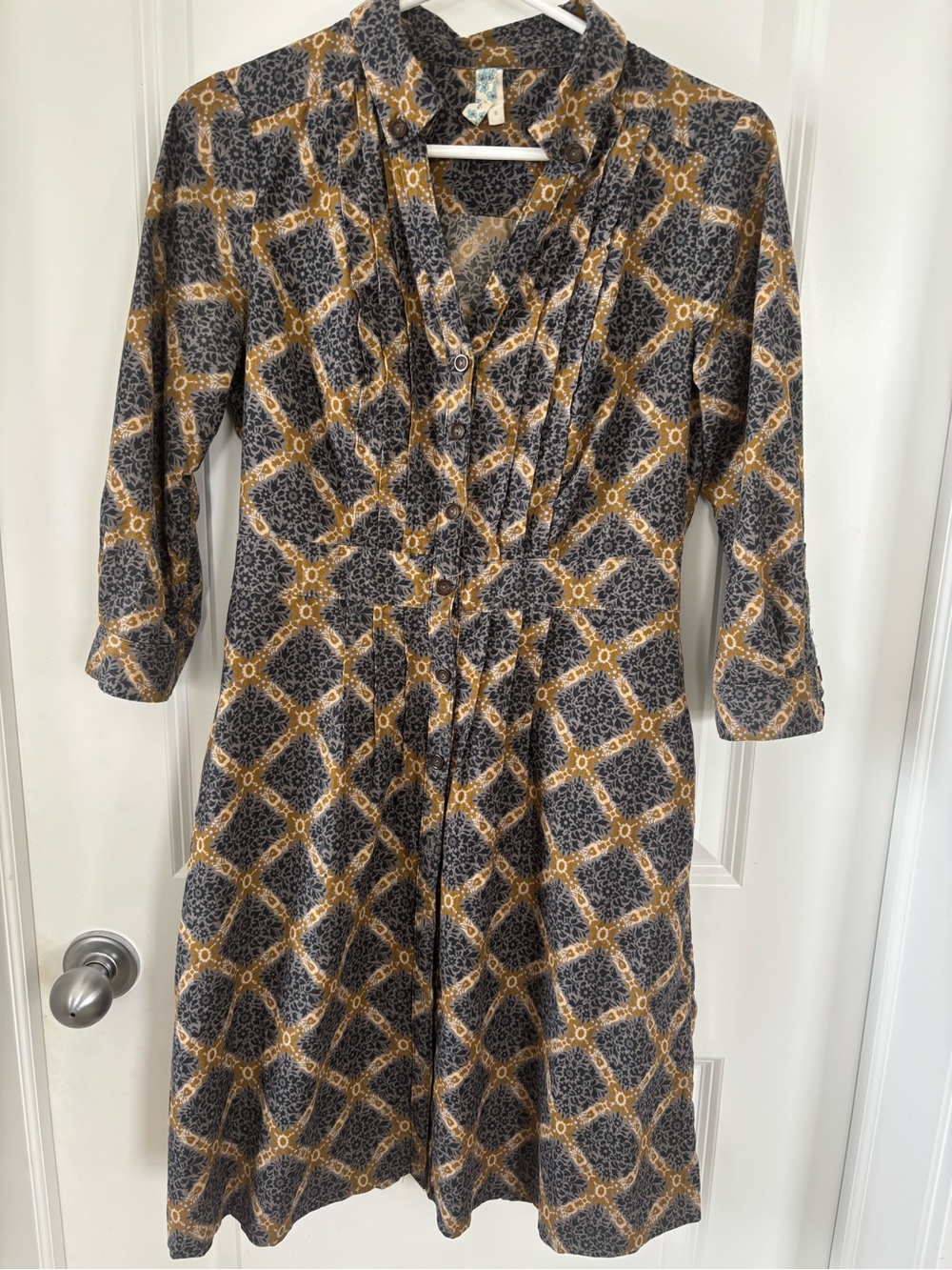 Maeve Blue and Gold Long-Sleeve Button-Front Corduroy Midi Dress - Picture 1 of 5